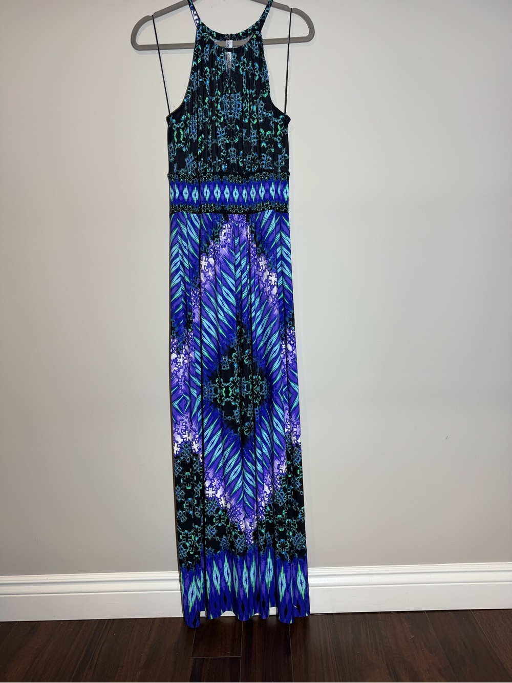 Women’s Blue & Teal Patterned Maxi Dress - Sleeveless Halter